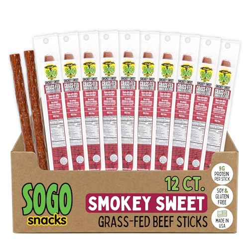 Sogo Snacks Smokey Sweet 100% Grass Fed Beef Sticks, Non-GMO, No Nitrates, Gluten Free, Soy Free and Dairy Free, No Nuts or MSG, Paleo & Keto Snack, 12 Count