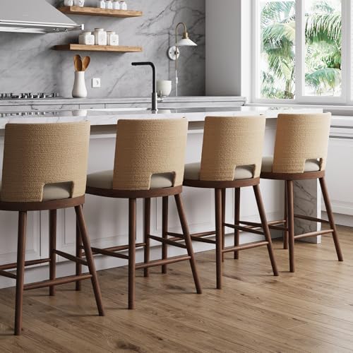 Image of Nathan James Webster Bohemian Round Back Bar Stool, Upholstered Bar Stool with Seagrass Backrest for Kitchen or Bar, Medium Brown Set of 4