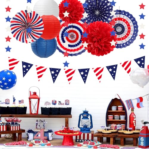 Image of Red-White Blue Memorial-Day Patriotic Decorations - 21pcs 4th Fourth of July Paper Lanterns Fans,Tissue Pom Poms Streamers,Honeycomb Balls,USA Americana Independence Banner Decor Burgleda
