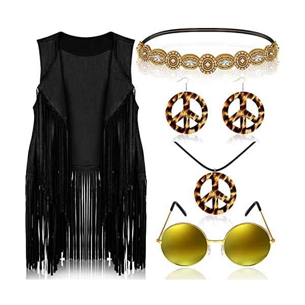 6 pcs 60s 70s outfits for women hippie costume set peace sign earring headband fringe vest tassel cardigan