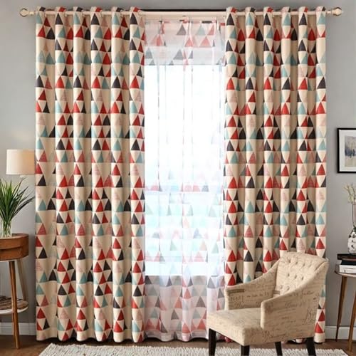 Lirzxin Cortinas modernas opacas para interiores, cortina elegante con 2 paneles - Medidas 132 x 138 cm (ancho x alto) - Diseño geométrico triangular, cortina para ventana de salón con ollaos, beis