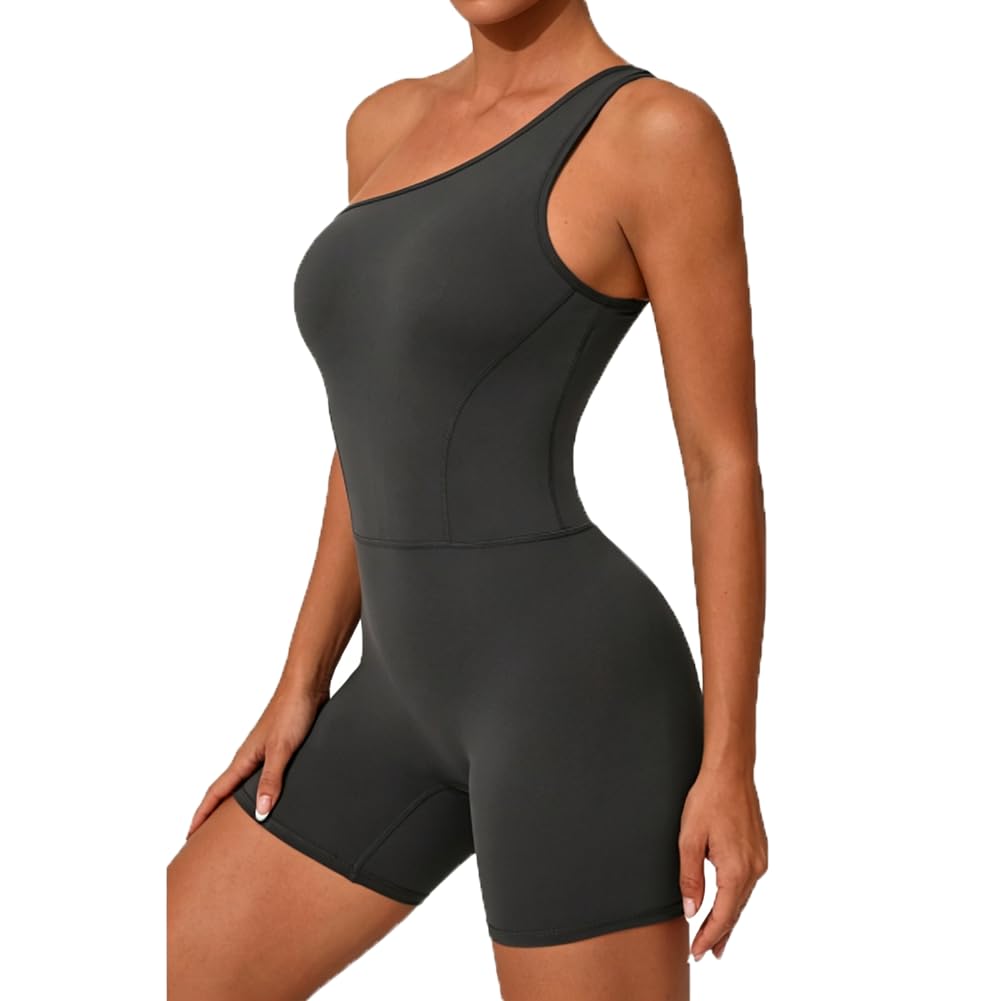 Damski Kombinezon Sportowy Na Jedno Ramię Yoga Push Up Krótki Strój Fitness z Wyjmowanymi Wkładkami(M, Carbon Gray)