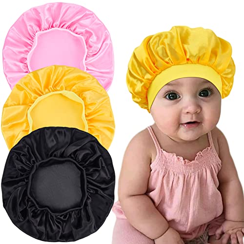Image of 3 Pieces Kids Satin Bonnet Sleeping Cap Silk Wide Band Night Hats Hair for Natural Hair Teens Toddler Child Baby