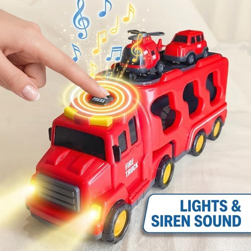 Image of Fire Truck Toy for Kids - 5 in 1 Emergency Rescue - Transport Carrier with Mini Fire Engine Cars, Lights & Sound - Educational Birthday Gift Vehicle for Boys & Girls Age 3+ Years - Red