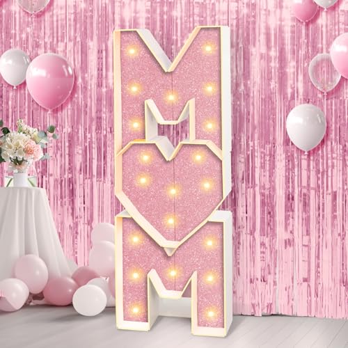 Image of Mother's Day Decorations LED Letter Lights, 4 Feet Tall 'MOM' Marquee Letters Lights Large Heart Sign for Mother's Day Wall Deor Birthday Party Decorations Supplies, Pink