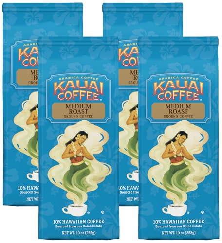 Kauai Hawaiian Ground Coffee, Koloa Estate Medium Roast (10 Ounce) - Gourmet Arabica Coffee From Hawaii's Largest Coffee Grower, Bold, Rich Blend (Pack of 4)
