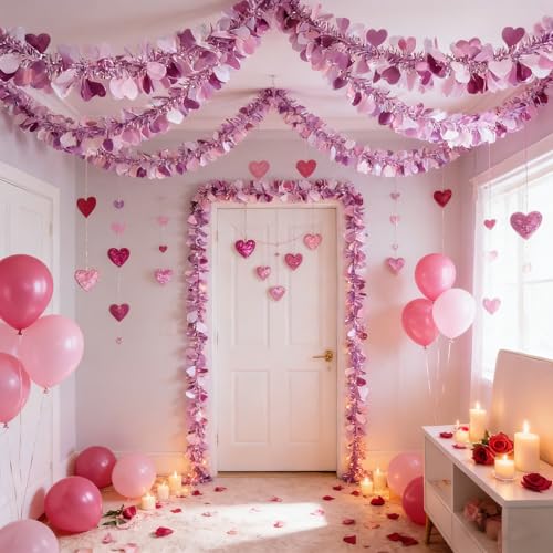 Image of 52Ft Valentines Day Garland Decorations, Glitter Hearts Purple Tinsel Garland for Valentines Tree Mantle, Pastel Heart Decor Party Supplies (52 Ft, Heart)