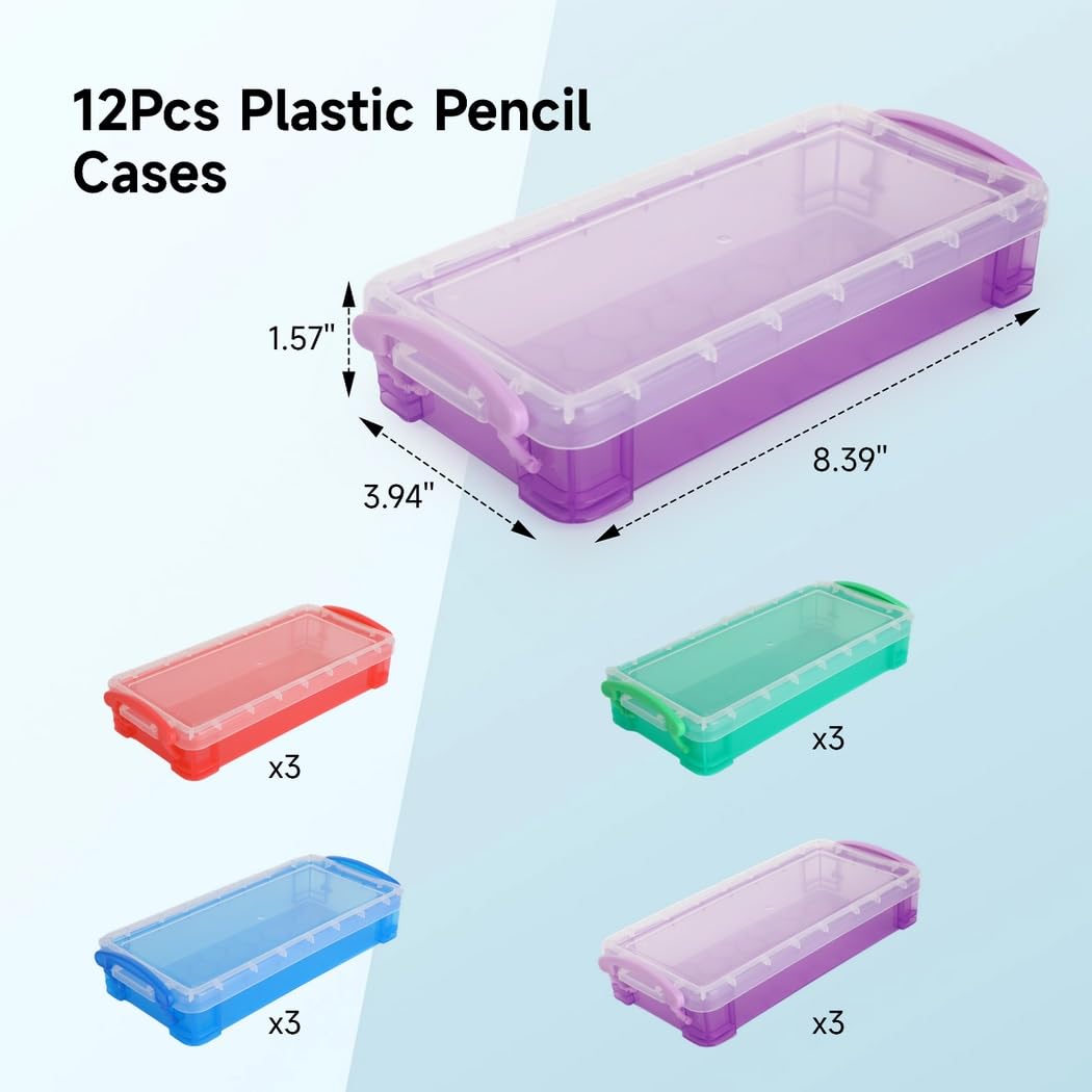 Plastikowe torby na długopisy, 12 szt., zestaw z przezroczystymi pokrywkami, 4 kolory, plastikowe pudełka do przechowywania długopisów, markerów, pędzli, organizerów na artykuły biurowe