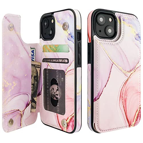 Image of HAOPINSH for iPhone 13 Case Wallet with Card Holder, Pink Marble Pattern Back Flip Folio PU Leather Kickstand Card Slots Case for Women Girls, Double Magnetic Clasp Shockproof Cover 6.1 inch