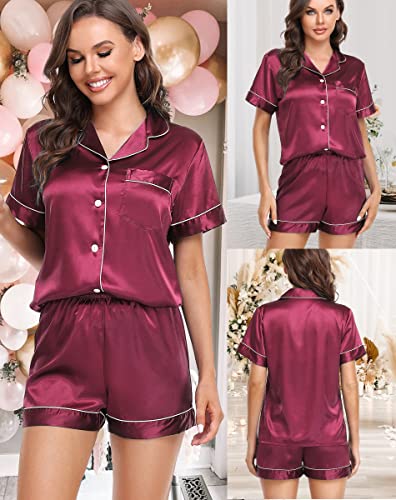 Image of Vlazom Womens Silk Pajamas, Short Sleeve Satin 2 Piece Pj Sets Button-Down Sleepwear Loungewear Pjs Shorts Set S-XXL