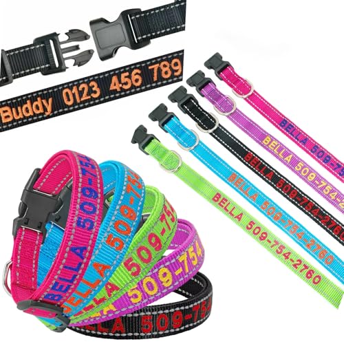 Personalisierte reflektierende Hundehalsbänder, gestickter Name/Telefonnummer, D-Ring-Schnalle mit Schnellverschluss, weiches Nylon, personalisiertes verstellbares Haustierhalsband, 4 Größen für Hund