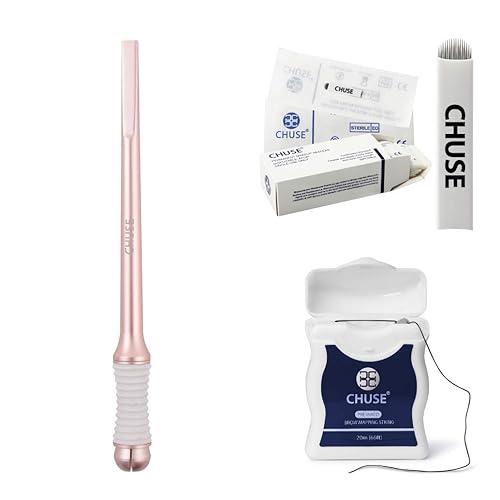 CHUSE M99 - Bolígrafo microblading (dorado) + 50 agujas U16 + cuerda de mapeo de cejas pretintada de 65.6ft.