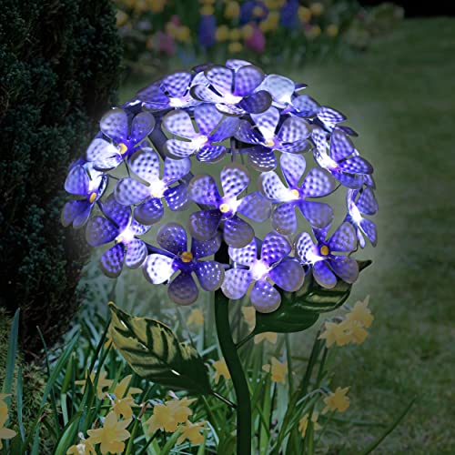 Exhart Garden Solar Lights, Decorative Hydrangea Flower Garden Stake, 26 LEDs, Cute Metal Outdoor Decoration, Purple, 7 x 21.5 Inch