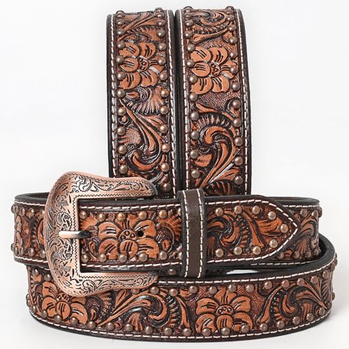 Brown Floral Hand Tooled Fashion Premium Leather Belt Unisex Western with Removable Buckle4