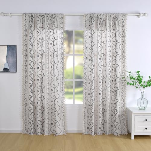 Image of Schweek White 96 Inches Long Semi Sheer Curtains 2 Panels for Living Room | Boho Tassels, Farmhouse Vintage Printed, Floral Linen Curtains Drapes for Bedroom Dining Room, Black on Ivory 52 inchx 96 inch