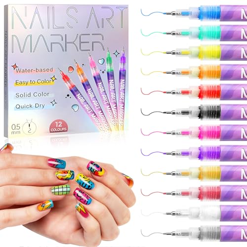 Rotuladores Para Pintar Uñas, 12 Colores Bolígrafo de Uñas, Delineador De Secado Rápido Antimanchas, 3D Bolígrafo para Dibujar para DIY Dotting