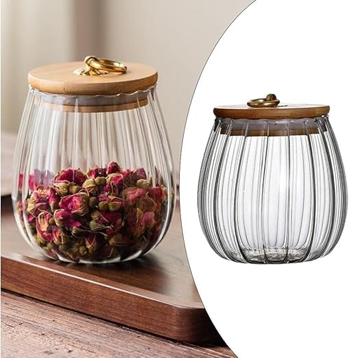 RAAHA Airtight Glass Coffee And Nuts Canister With Bamboo Lid And Metal Handle - Elegant Decorative Storage Jar For Kitchen (600 ml, Pack of 2),Transparent