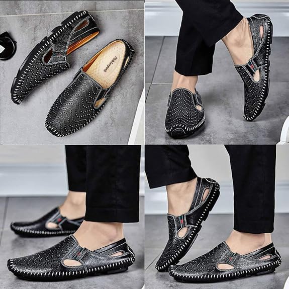 Image of Men's Driving Shoes Leather Slipper Casual Slip on Loafers | Top Grain Leather Upper, Moccasin Toe, Slip-on, Traction Rubber Outsole, Mens Dress Shoes, Mens Casual Loafers