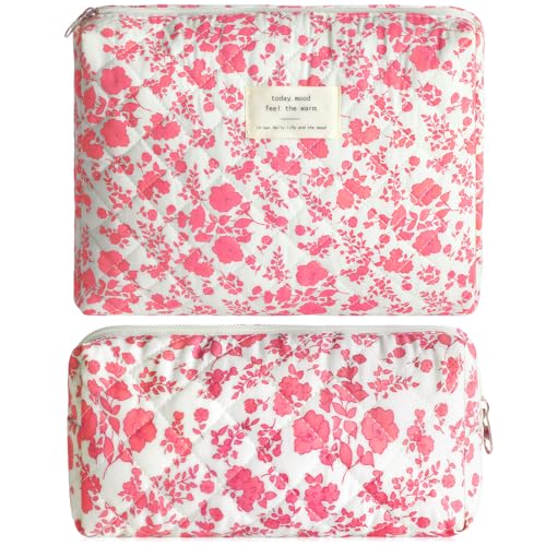 2Pcs Quilted Makeup Bag Set Flower Cute Pencil Case Large Small Travel Makeup Pouch Set for Women Coquette Makeup Bag Aesthetic Cotton Cosmetic Bag Pink Toiletry Organizer Storage Bag Big Zipper Pouch