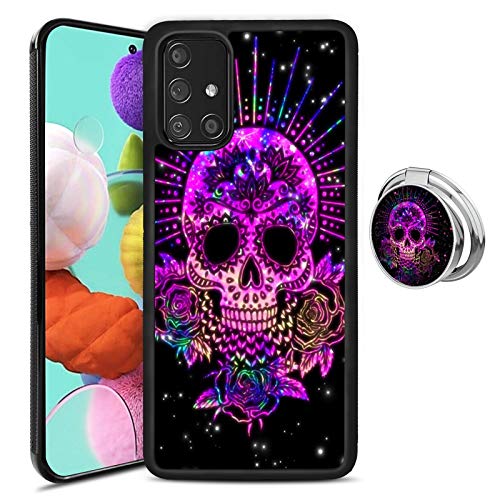 Yunan Designed Purple Sugar Skull Samsung Galaxy A51 Case with Buckle Ring 360Â° Rotatable Silvery Durable Ring Buckle, TPU Black Antiskid Tread Phone Case for Samsung Galaxy A51