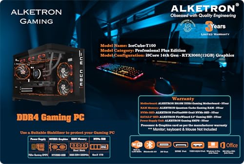 Image of ALKETRON Icecube T100-Windows 11 Pro Gaming Desktop Pc-i9 Intel Core 14Th Gen with RTX3060(12GB) Dedicated Graphics; 32GB RAM; 1TB SSD(Ready to Use DDR4 CPU Tower Box Piece-Professional Plus Edition)
