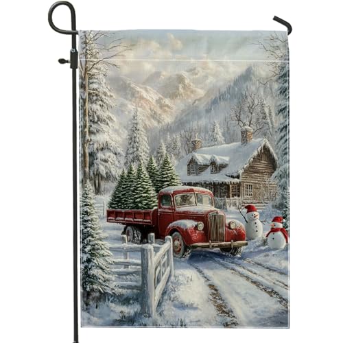 Bandera de jardín de camión rojo de invierno, decoración de Navidad de paisaje nevado, arpillera de doble cara, decoración al aire libre, bandera rústica de césped de 12 x 18 pulgadas
