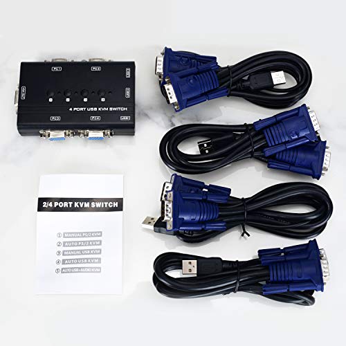 USB VGA KVM Switch with 4 Cables, 4 Port Selector Switcher for 4PC Sharing One Video Monitor and 3 USB Devices, Keyboard, Mouse, Scanner, Printer - Thumbnail 6