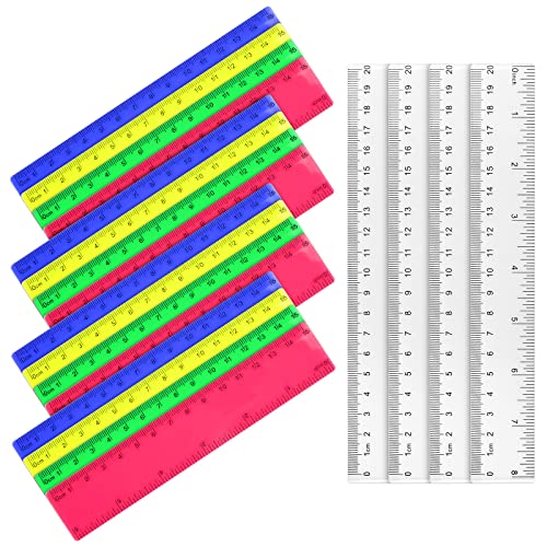 Kunststoff Lineal, 16 Stück 15cm Kinder Kleines Farbiges Lineal und 4 Stück 20cm Transparent Gerades Lineal, Grundschule Kunststofflineal mit Metrische&Inch-Skala Lineal für Schule Büro Zuhause Cover