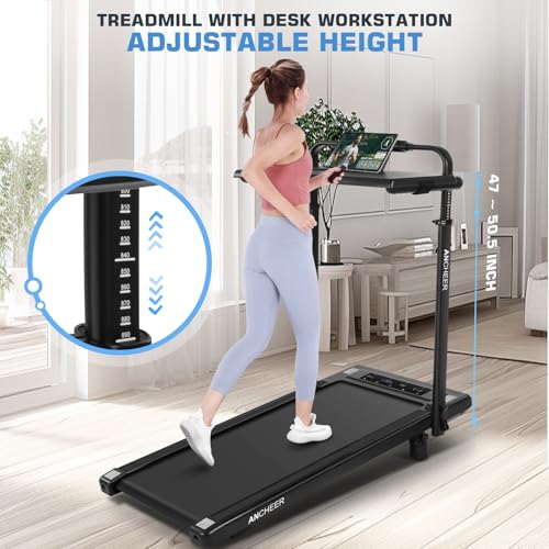 Image of Treadmill with Desk Workstation & Adjustable Height, 450 lbs Weight Capacity, Folding Incline Treadmill with Handle Bar, Portable Ultra-Quiet 3.5HP Walking Pad Treadmill with Desktop for Home Office