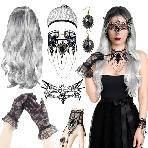 Halloween Argent Bouclé Perruque avec Dentelle Masque - Légers, Naturels, Facile à Coiffer, Ensemble de Perruques Gothiques Avec des Accessoires, Parfaites pour Halloween, Fêtes à Thème et Cosplay
