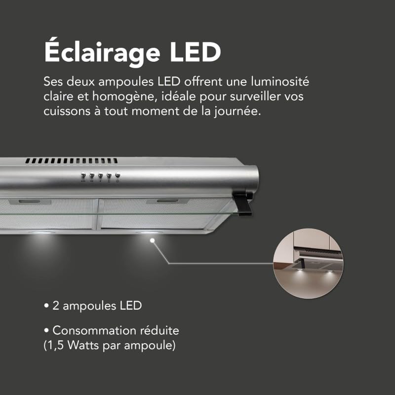 Hotte casquette visière BELDEKO 60 cm – inox – double moteur 200 W – débit 435 m³/h – filtres à charbon inclus – 3 vitesses – éclairage LED – évacuation ou recyclage – marque française