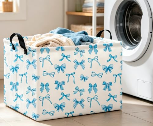 Image of CLOCOR Rectangular Storage Basket Empty,Gift Basket,Waterproof Storage Bin,Room Decor(Blue Bowknot)