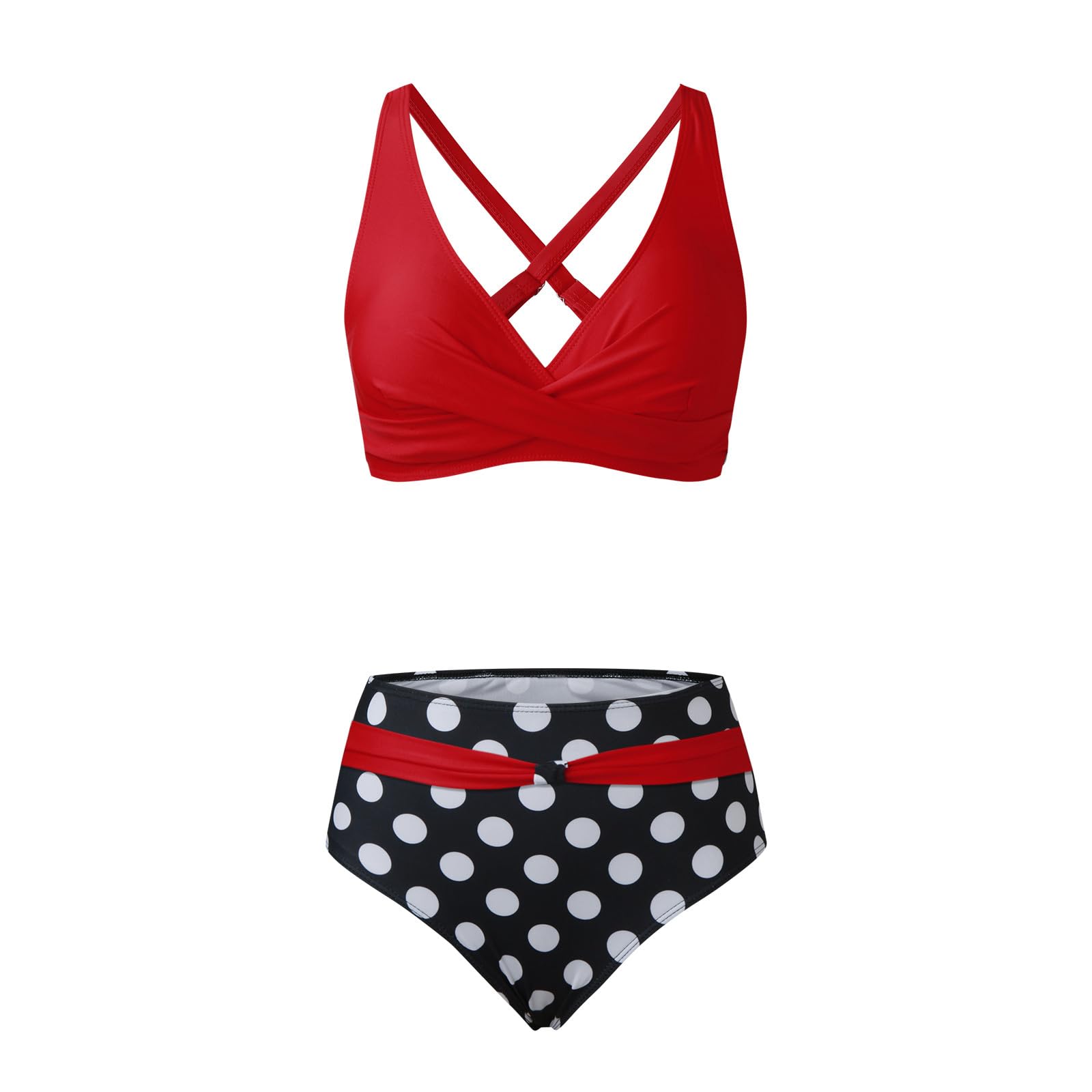 Costume da Bagno Donna Bikini A Vita Alta Push Up Sexy in Due Pezzi in A con Stampa retrò Increspato, Rosso, S