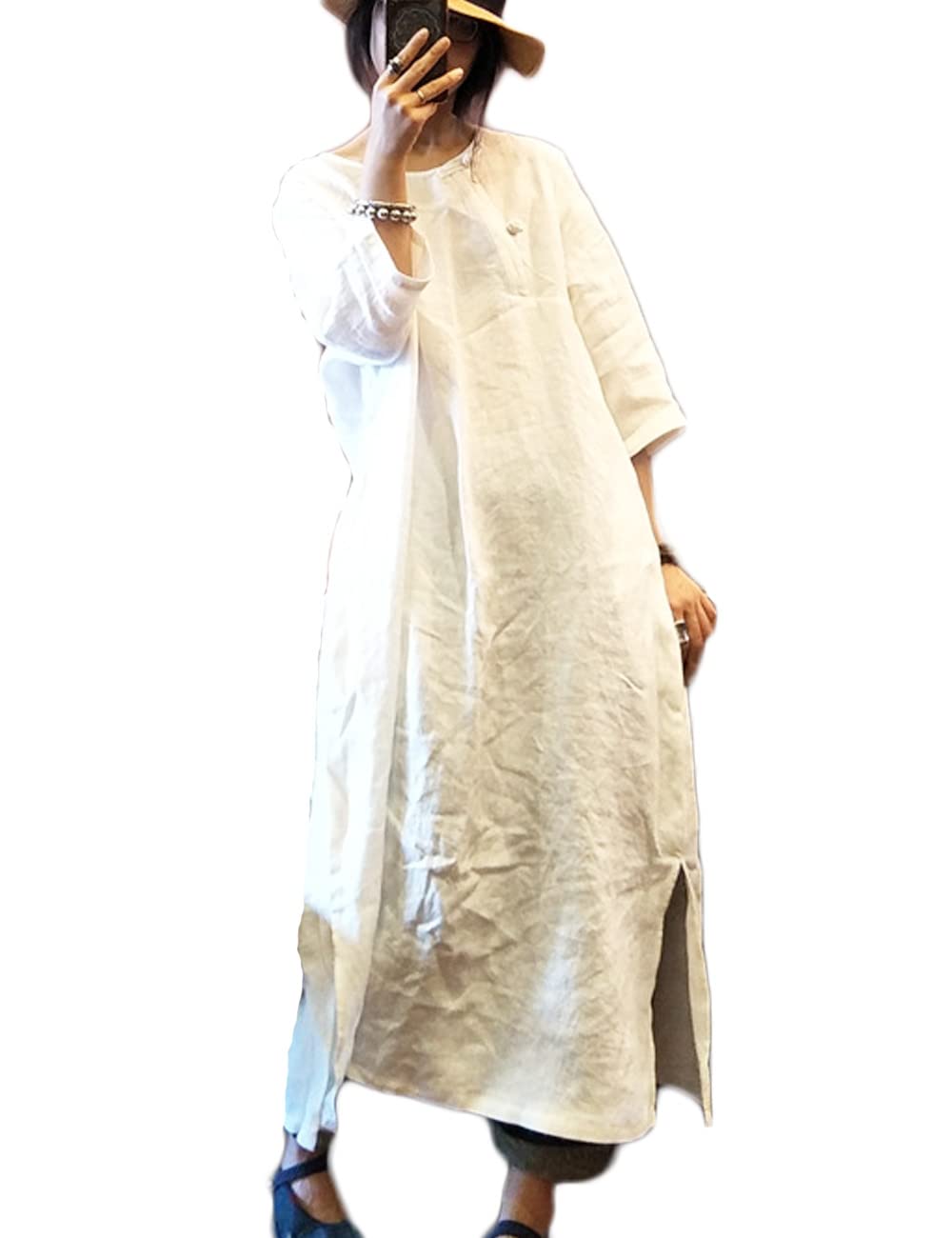 NFYM Mujeres Verano 100% Lino Vestido Botones O-Cuello Manga Vintage Suelto Vestido Largo Color Sólido Abertura, Blanco, Talla única
