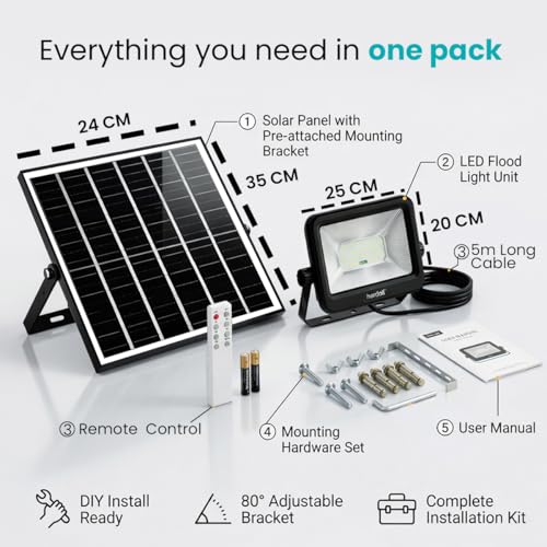 Image of hardoll Solar Flood Light 150W with Remote, Cool White LED, 5M Cable, Waterproof IP65 ABS + Glass Body, 10000mAh Lifepo4 Battery for Home, Garden, Terrace, Outdoor (Pack of 1)