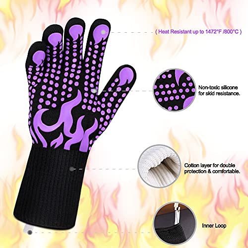Image of Comsmart BBQ Gloves, 1472 Degree F Heat Resistant Grilling Gloves Silicone Non-Slip Oven Gloves Long Kitchen Gloves for Barbecue, Cooking, Baking(Purple)
