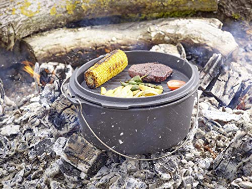 Echtwerk EW-GE-1225 Dutch Oven BBQ Kochtopf ca. 8 L, Bereits eingebrannt - preseasoned, Deckel mit Edelstahl Henkel als Pfanne nutzbar, Grilltopf für Indoor und Outdoor, Big-Edition, Gusseisen