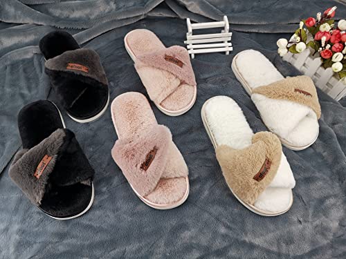 ofoot Women's Memory Foam Two-tone Crossed Twisted Strap Open Toe Slides | Breathable, Soft and Comfortable Faux Fur | Lightweight & Slip-resistant Flat Outsole4