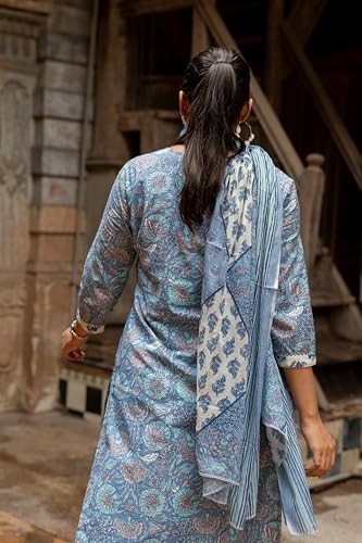 Image of MIRCHI FASHION Women's Straight Fit Pure Cotton Embellished Floral Printed Kurta Set with Dupatta and Trouser