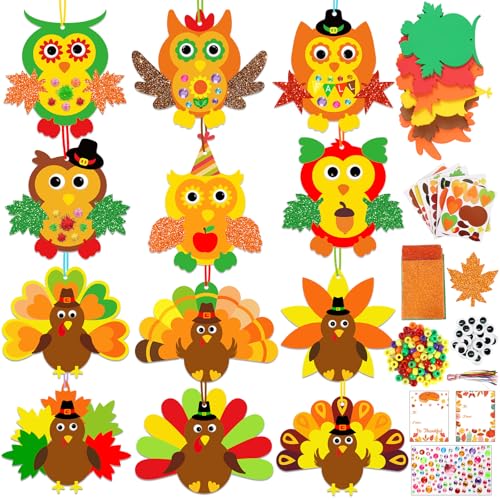 230Pcs Thanksgiving Crafts for Kits 24 Sets Funny Fall Crafts for Kids Include Thicker Turkey Owl Foam Cards Glitter Thanks giving Stickers and All Accessories for Kids Adults Thanksgiving Decorations
