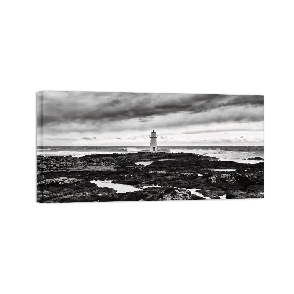 Black White Landscape Wall Art. Sea Lighthouse. Picture 80x160cm Unframed
