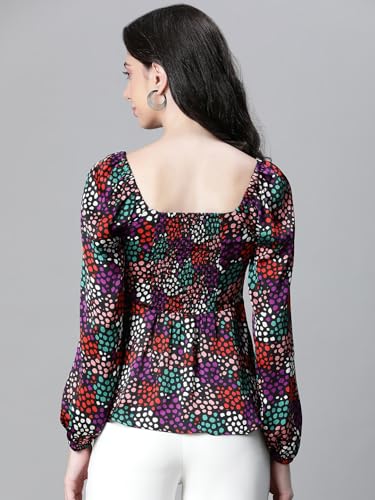 Image of Women Solid Round Neck Elasticated Polka Print Long Sleeve Top