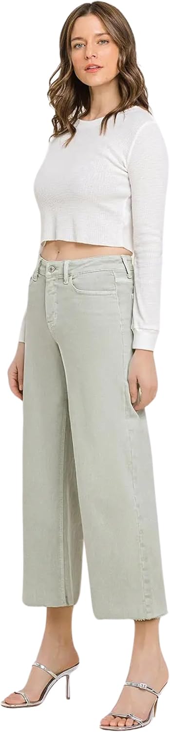 VERVET by Flying Monkey Women's High Rise Raw Hem Cropped Wide Leg Jeans T5894DS (Dessert Sage, 29)