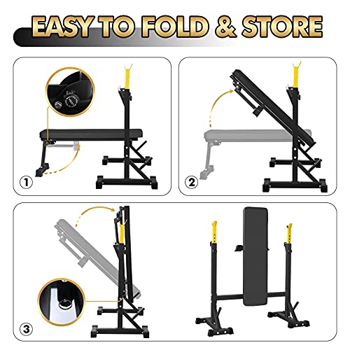 Bench Press, CANPA Olympic Weight Bench with Squat Rack Workout Bench Adjustable Barbell Rack Stand Strength Training Home Gym Multi-Function (Yellow)