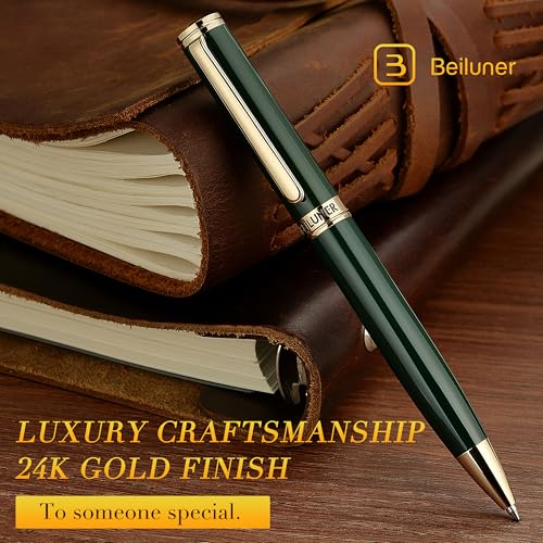 Image of BEILUNER Luxury Gel Pen with 24K Gold Finish, Green Piano Lacquer, Luxury Grade Craftsmanship, Fancy Pen Gift Set for Men and Women, Graduation Gift, Executive, Office, Retractable, Nice Pen Set