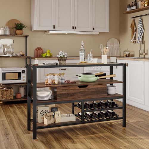 Bestier Console Table with Drawer, Coffee Corner Bar 4-Tier Entryway Table with Storage Shelf Racks, Sofa Table with LED, Furniture for Living Room & Kitchen, Walnut