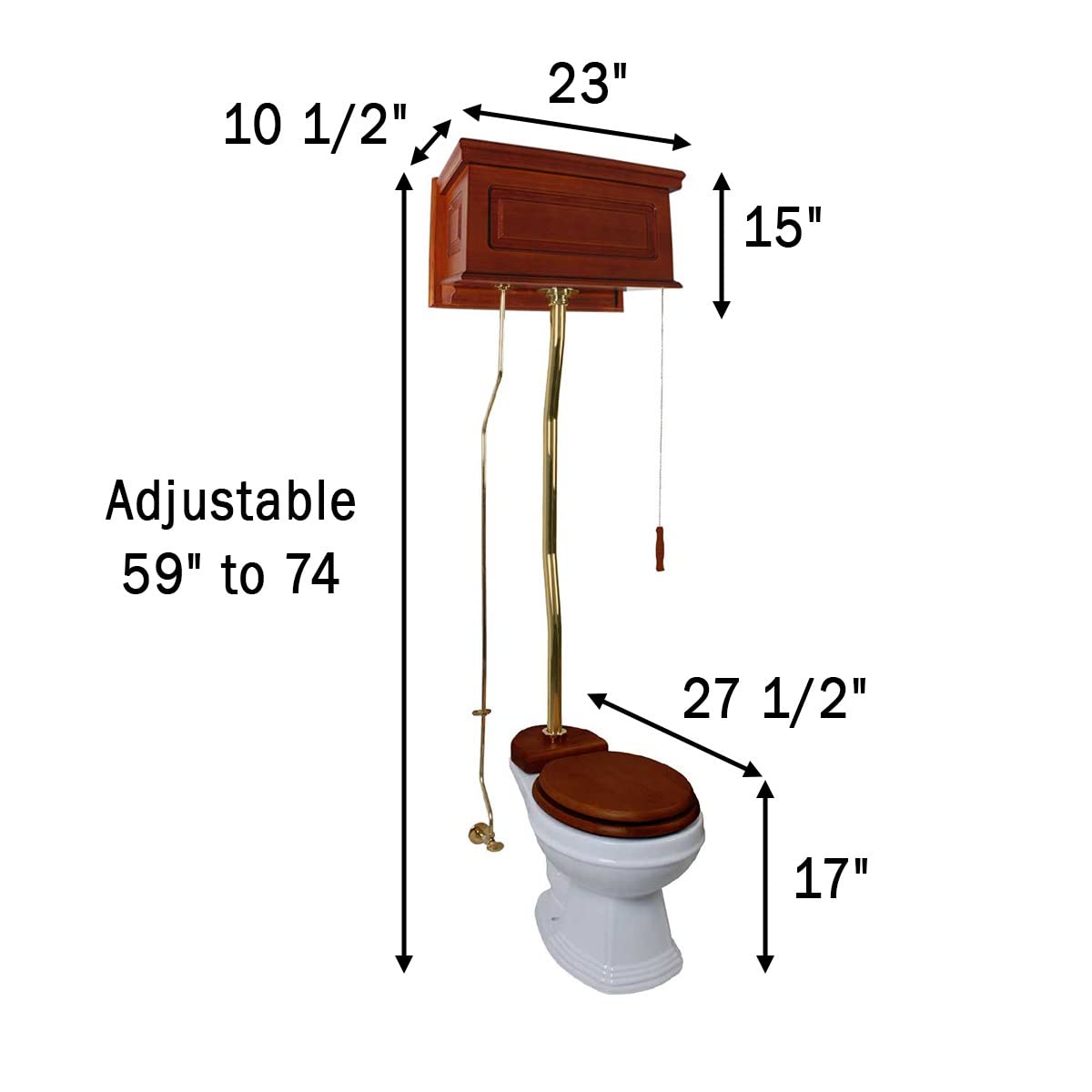 High Tank Pull Chain Z-pipe Toilet Elongated White Bowl Brass