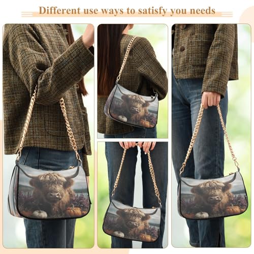 Shoulder Bags for Women Highland Cow Tote HandBag Shoulder Bags purse with Chain Zipper Closure3