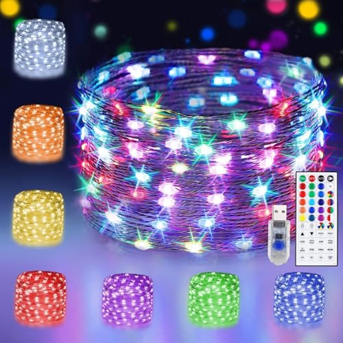 StarryEver 10M 100 LED Bunt Lichterkette Außen, 24 Farben USB Kupferdraht Lichterketten Innen mit Fernbedienung & 7 Modi, Farbwechsel Weihnachtsbeleuchtung für Weihnachten Weihnachtsbaum Kinderzimmer