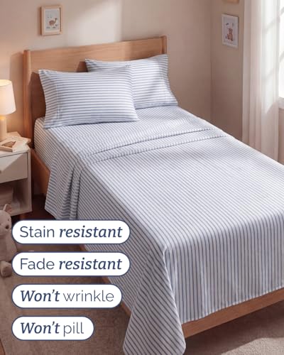 Image of Twin 4 Piece Bed Sheet Set - Breathable & Cooling Sheets - Blue Stripes | Ultra Soft Hotel Luxury Bedding Set with 8-16 Inch Deep Pockets, 1 Flat & 1 Fitted Sheet & 2 Pillowcases, Wrinkle & Fade Free